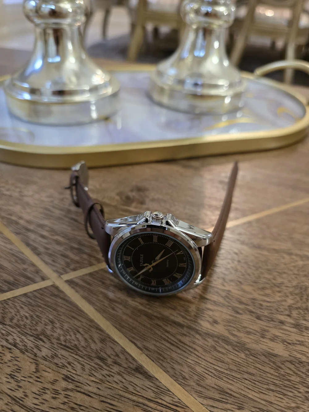 Men's Brown Leather Strap Watch with Black Dial